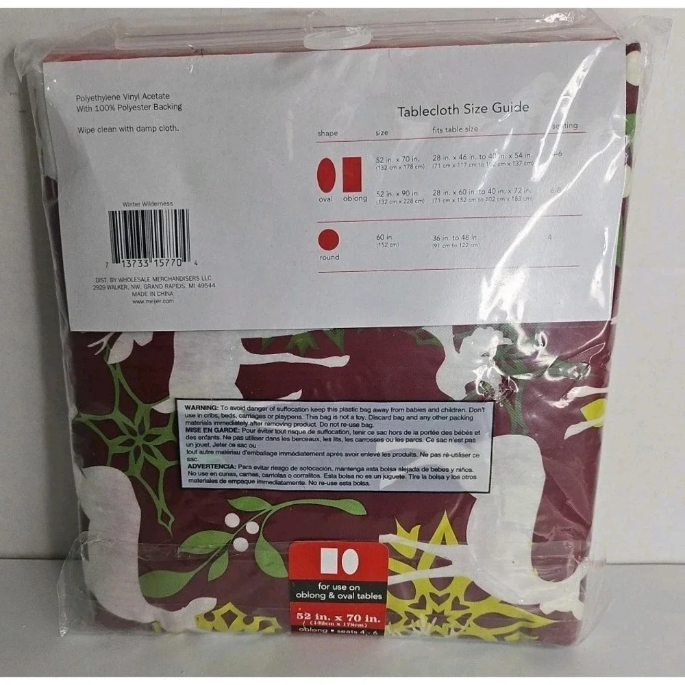 December Home‎ Vinyl Table Cloth Burgandy Reindeer Size Oblong 52 In X 70 In New